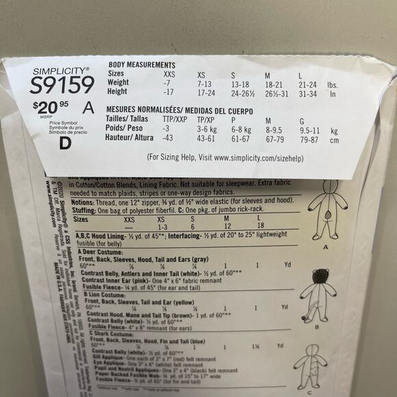 Simplicity Sewing Pattern S9159 Animal Costume Deer Shark Lion Baby Toddler 0-18 - Picture 3 of 5